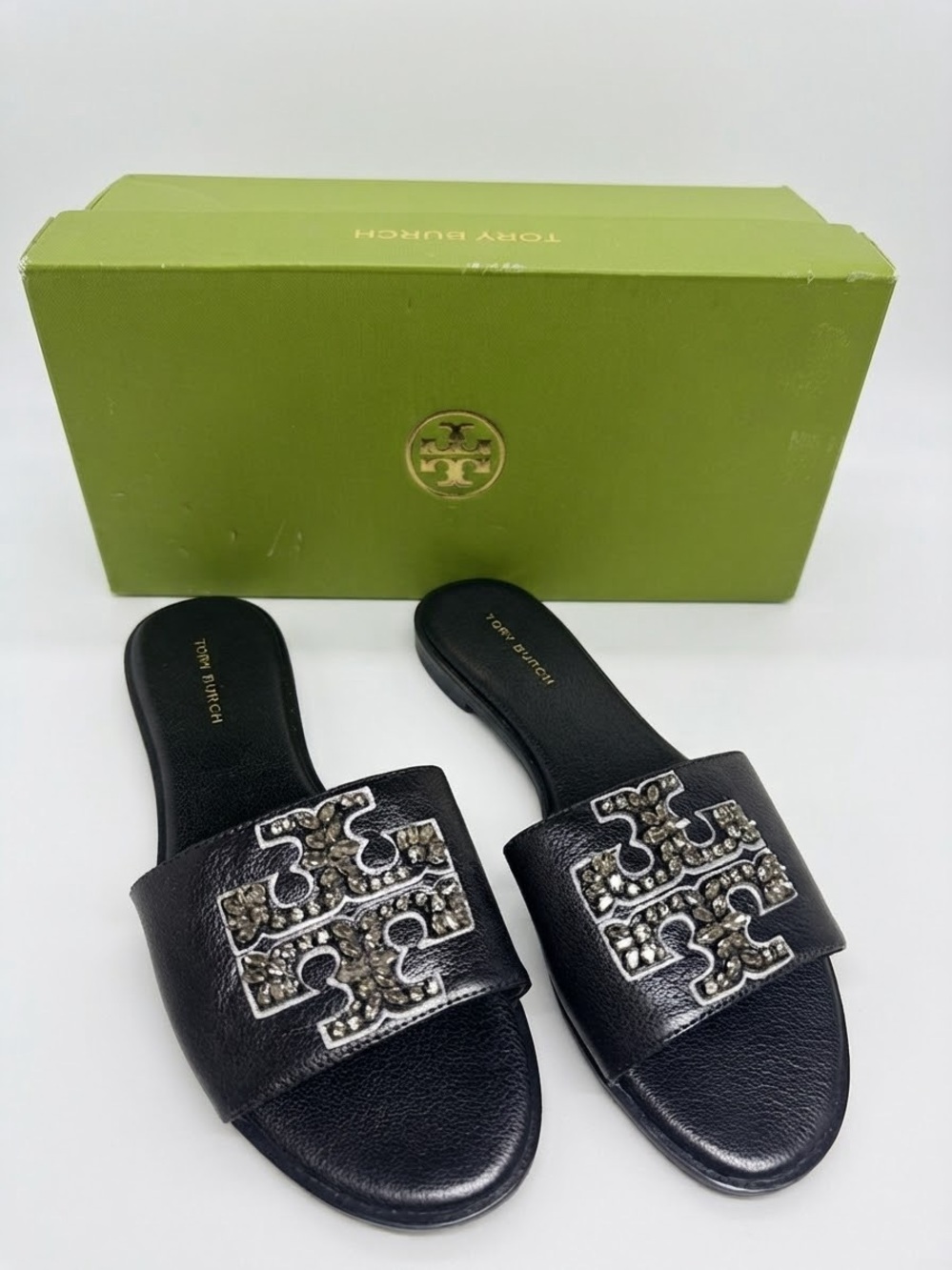 Tory Burch Everly Embellished Crystal Logo Black Leather Slide Sandals Sz 5